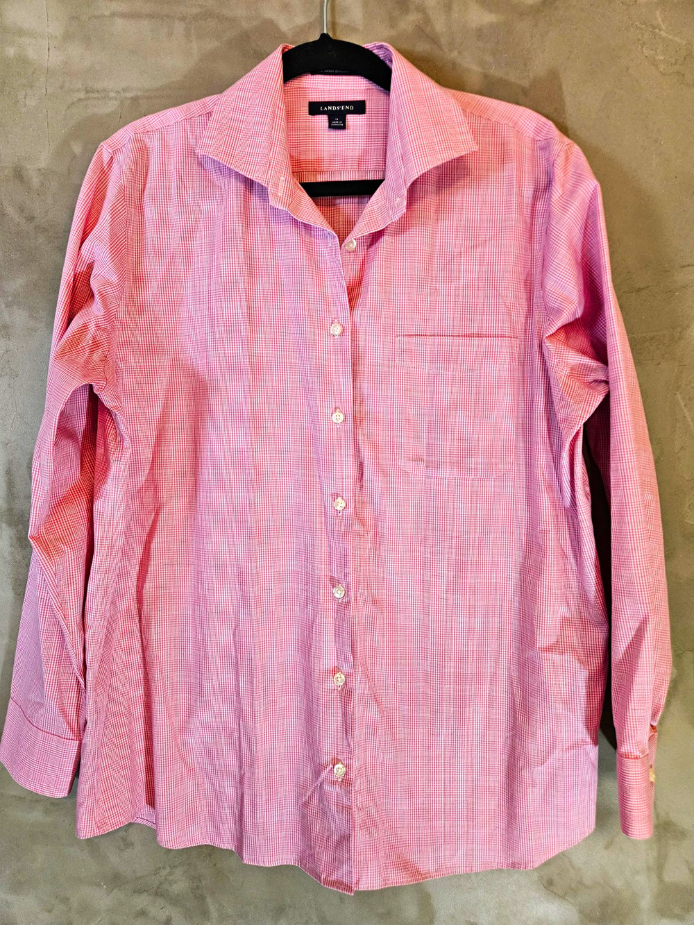 Lands' End Womens 100% Cotton Pink/White Check Dress Shirt Size 14